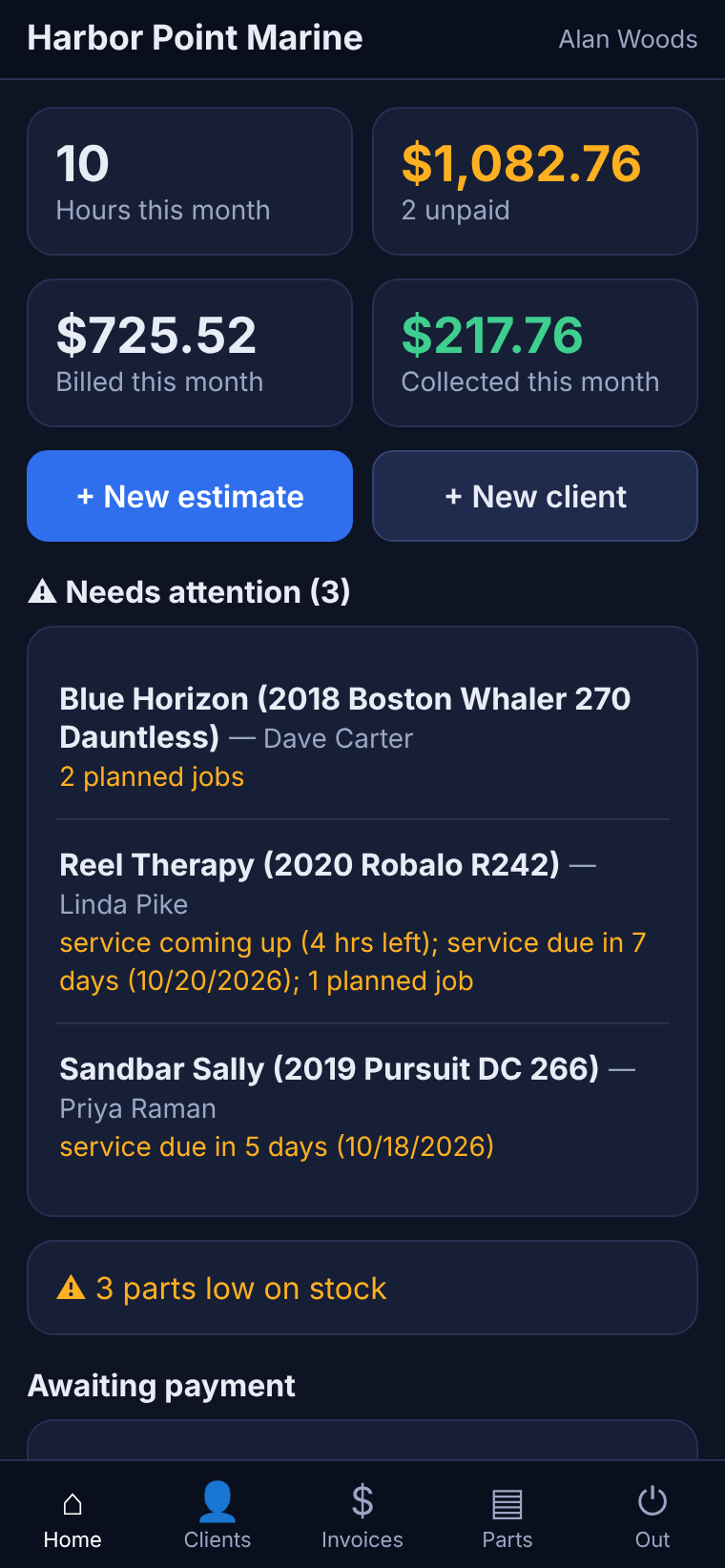 The same shop on a phone, showing hours logged and unpaid invoices
