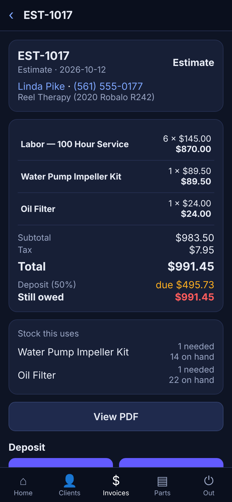 Phone estimate with line items, deposit due and send-for-payment buttons