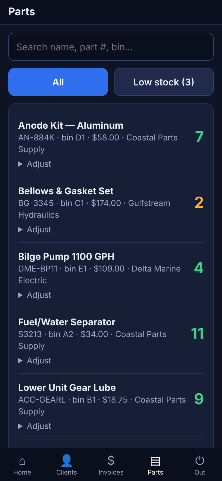 Phone parts list with stock counts and bin locations