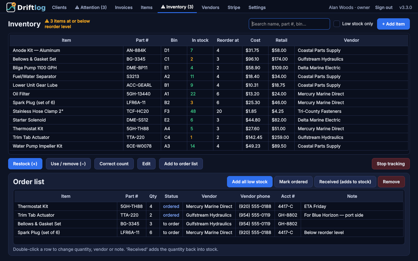 Parts inventory with stock counts, bin locations, cost and retail, and an order list