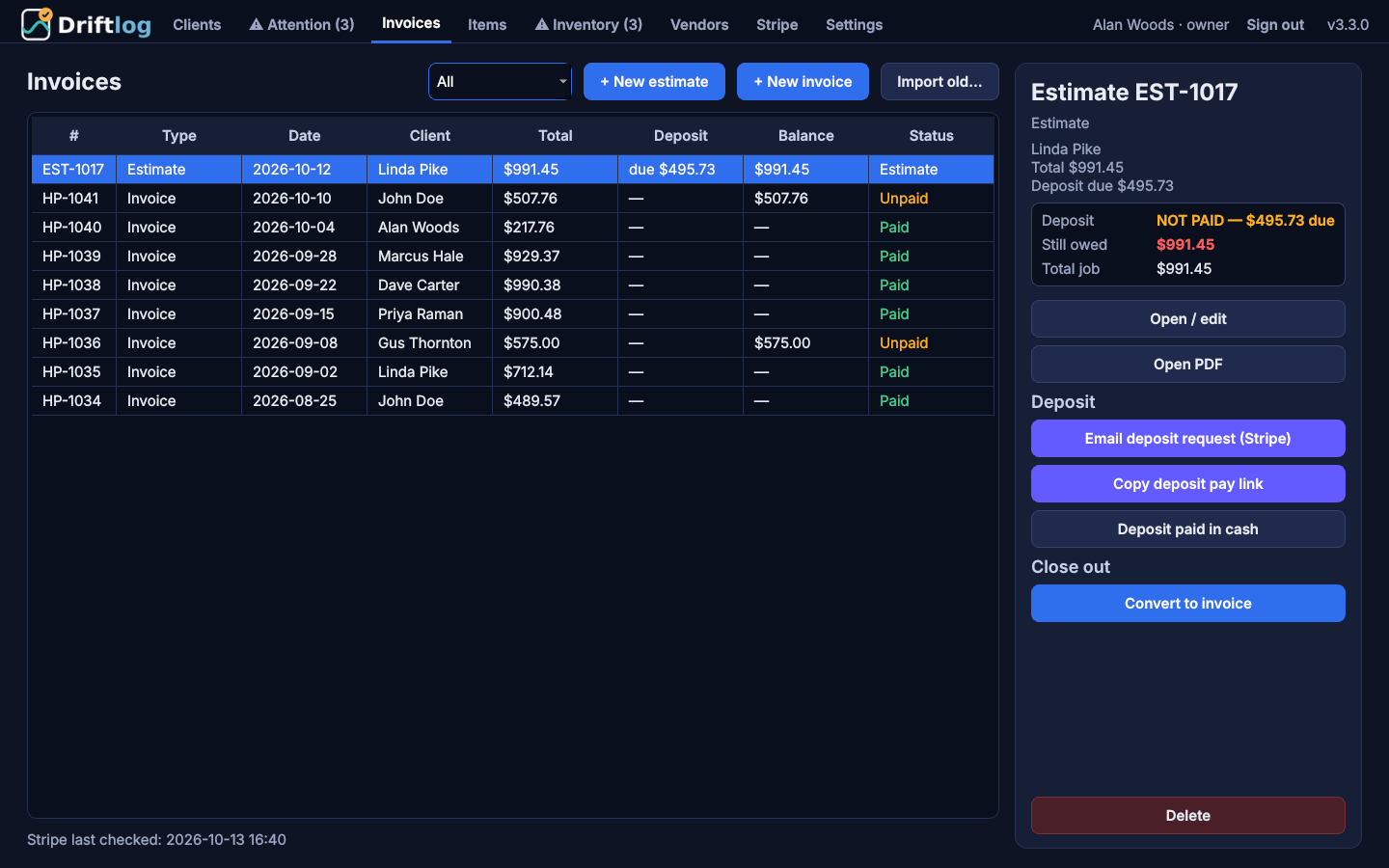Driftlog on a shop computer: a list of estimates and invoices with a deposit and payment panel